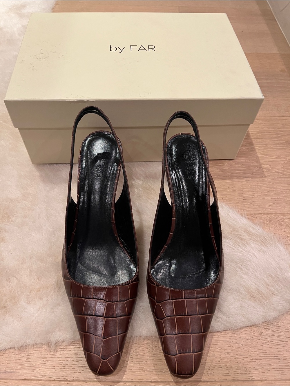 BY FAR Dark Brown Croc-Embossed Slingback Pumps
